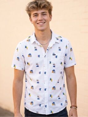 RVCA Short Sleeve Button Down Men’s Casual Shirt White Abstract Print Slim Large